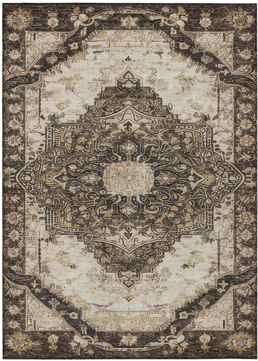 Brown And Chocolate Floral Medallion Washable Indoor Outdoor Area Rug Photo 3