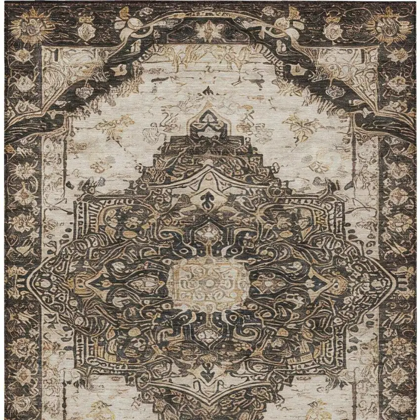 Brown And Chocolate Floral Medallion Washable Indoor Outdoor Area Rug Photo 6