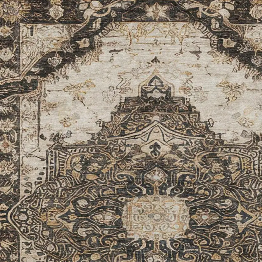 Brown And Chocolate Floral Medallion Washable Indoor Outdoor Area Rug Photo 8
