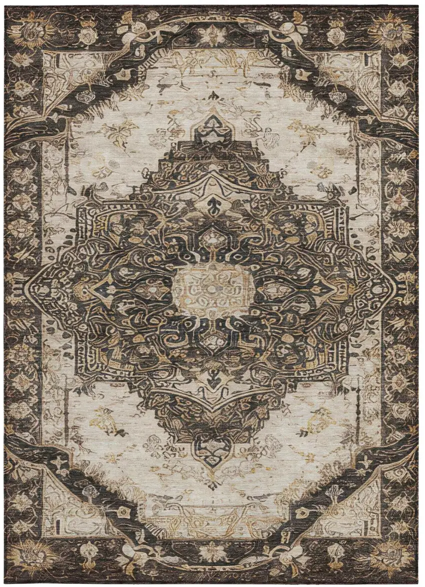 Brown And Chocolate Floral Medallion Washable Indoor Outdoor Area Rug Photo 2
