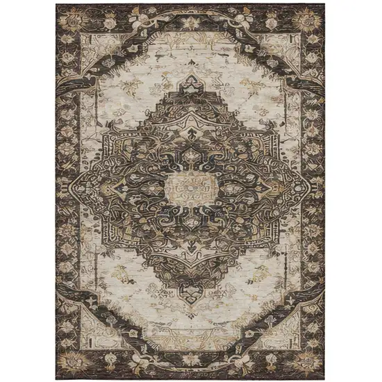 Brown And Chocolate Floral Medallion Washable Indoor Outdoor Area Rug Photo 2