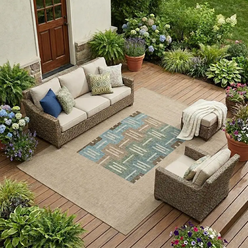 Brown And Chocolate Geometric Washable Indoor Outdoor Area Rug Photo 1