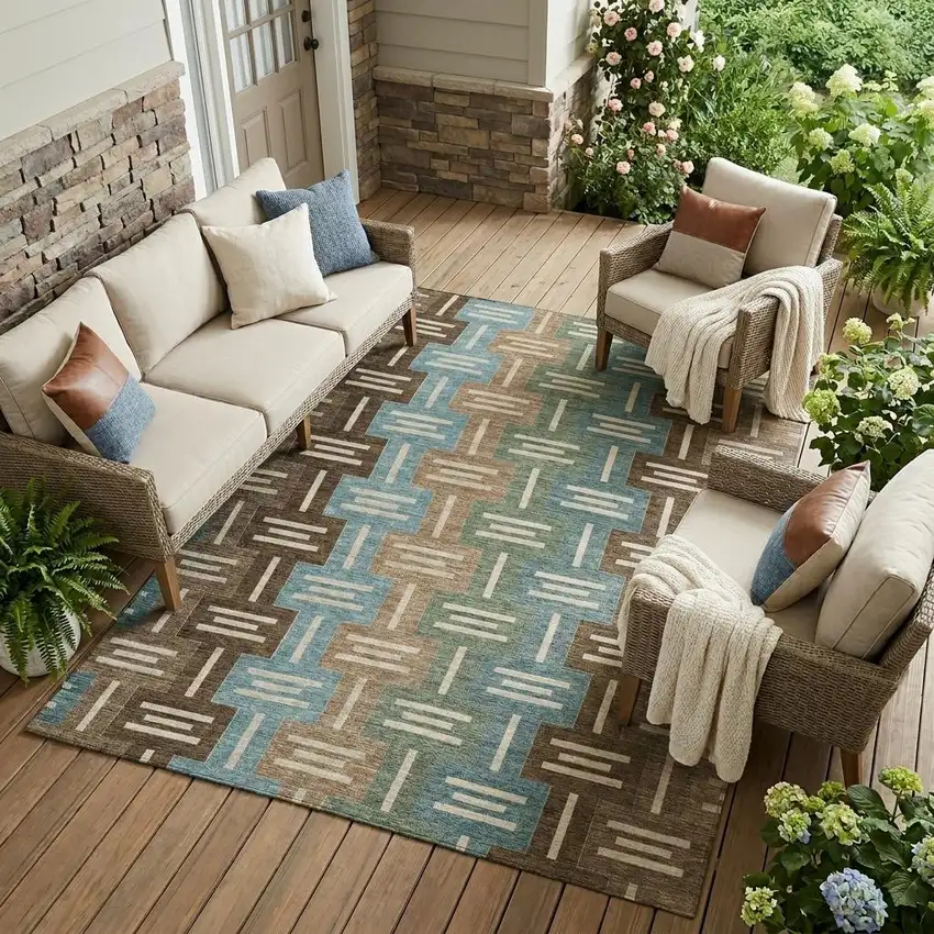 Brown And Chocolate Geometric Washable Indoor Outdoor Area Rug Photo 1