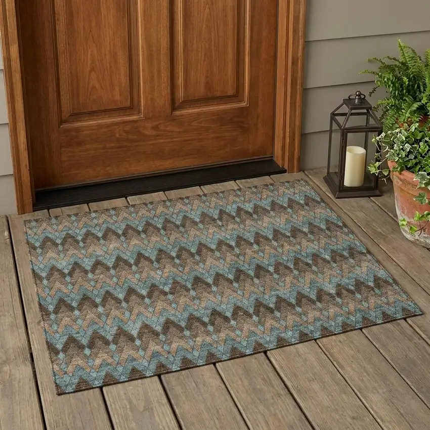 Brown And Chocolate Geometric Washable Indoor Outdoor Area Rug Photo 1