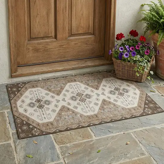 Brown And Chocolate Geometric Washable Indoor Outdoor Area Rug Photo 1