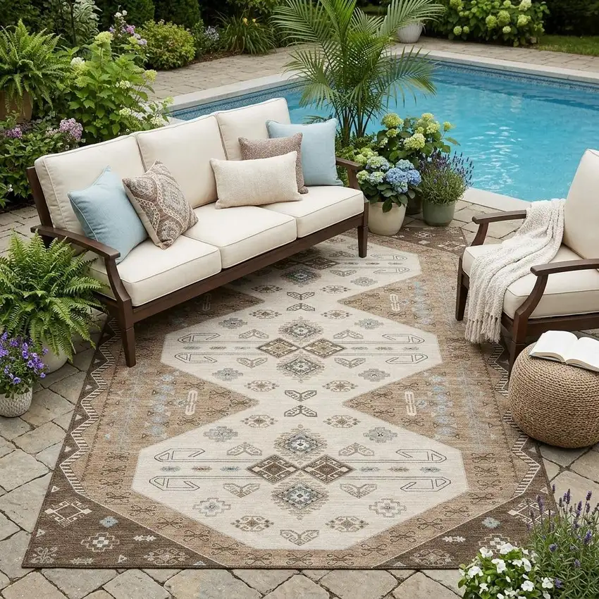 Brown And Chocolate Geometric Washable Indoor Outdoor Area Rug Photo 1
