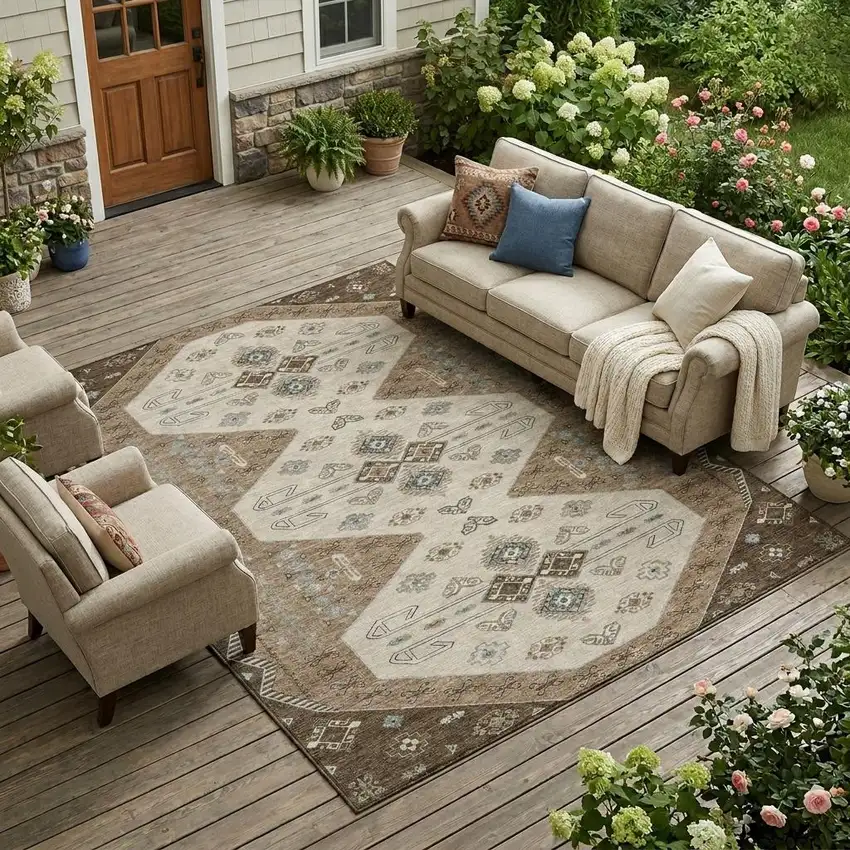 Brown And Chocolate Geometric Washable Indoor Outdoor Area Rug Photo 1
