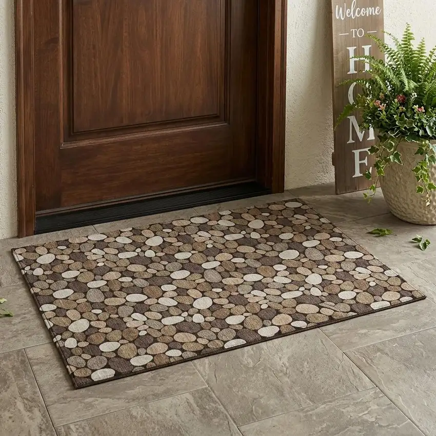 Brown And Chocolate Geometric Washable Indoor Outdoor Area Rug Photo 1