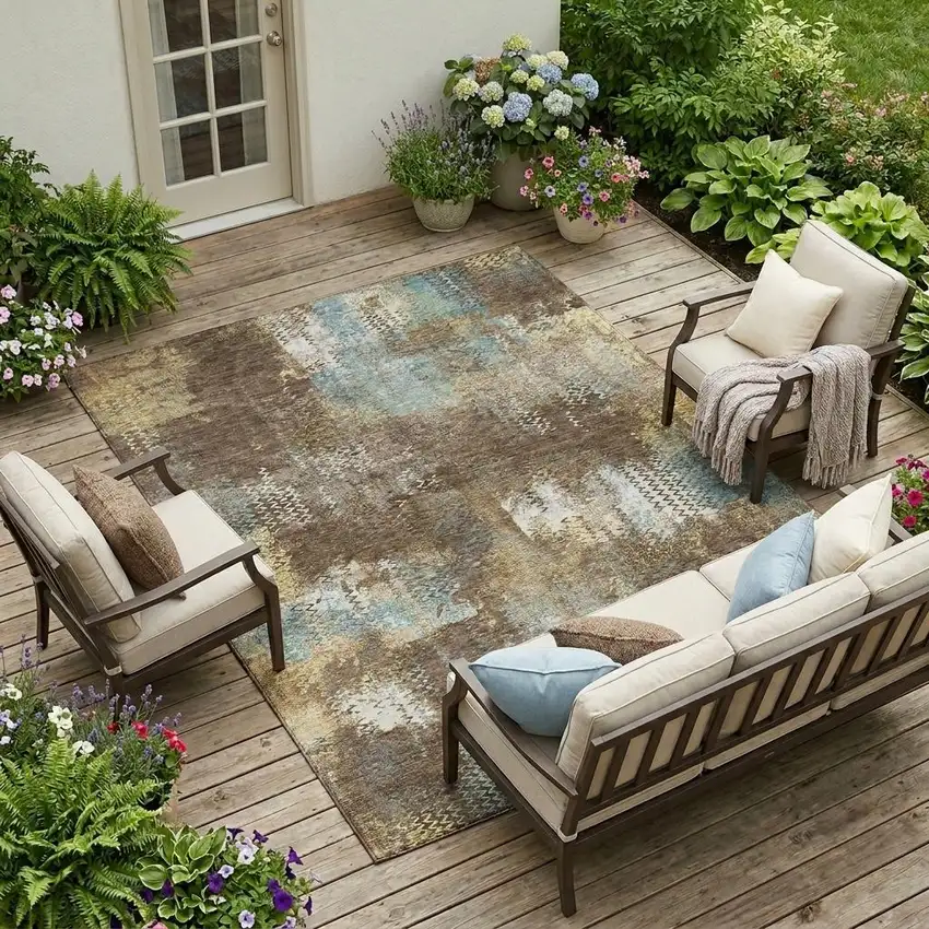 Brown And Coffee Abstract Washable Indoor Outdoor Area Rug Photo 1