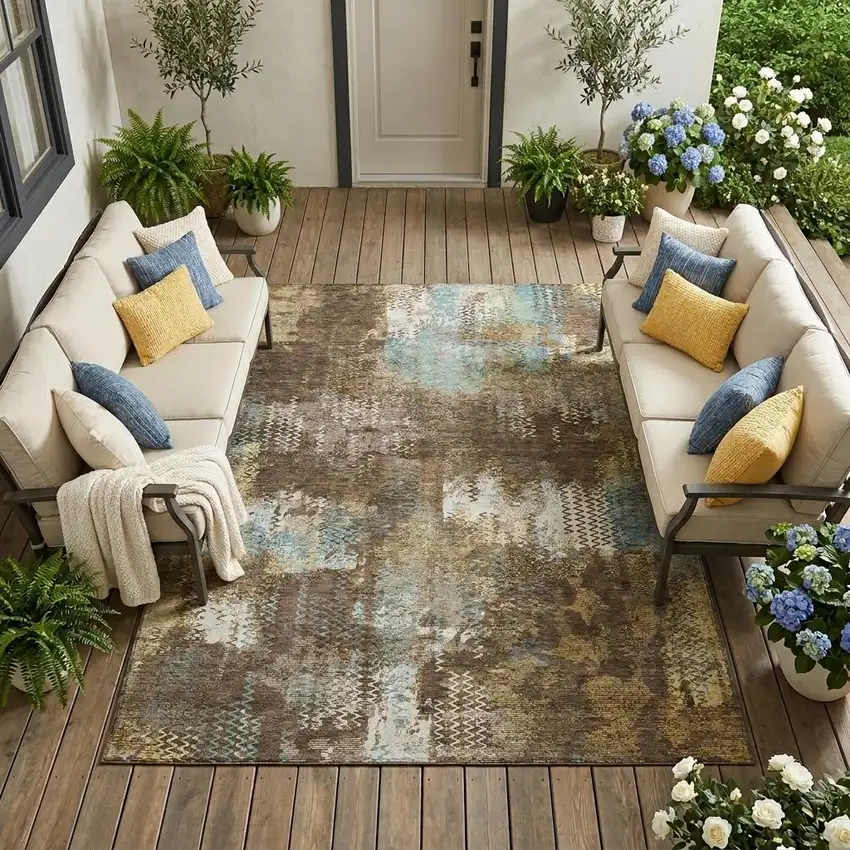 Brown And Coffee Abstract Washable Indoor Outdoor Area Rug Photo 1