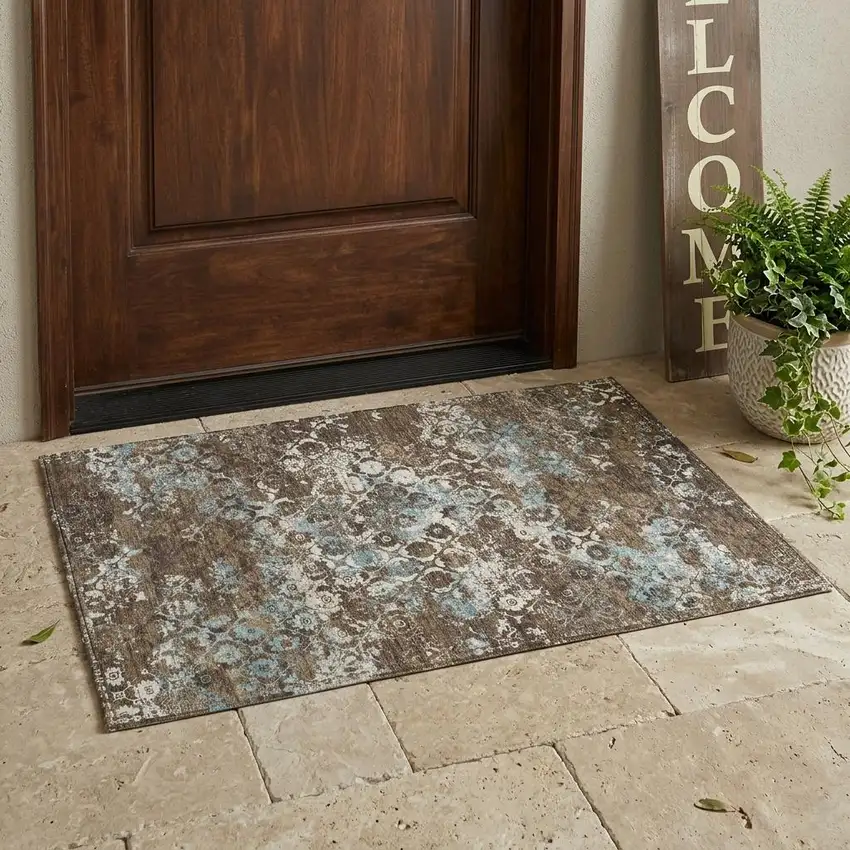 Brown And Coffee Floral Medallion Washable Indoor Outdoor Area Rug Photo 1