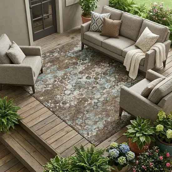 Brown And Coffee Floral Medallion Washable Indoor Outdoor Area Rug Photo 1