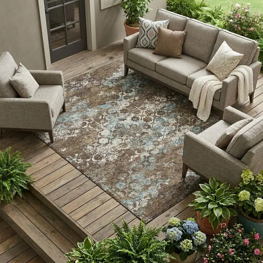 Brown And Coffee Floral Medallion Washable Indoor Outdoor Area Rug Photo 1