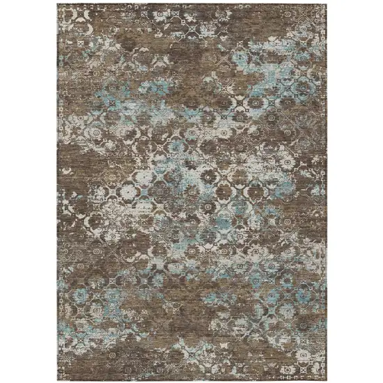 Brown And Coffee Floral Medallion Washable Indoor Outdoor Area Rug Photo 2