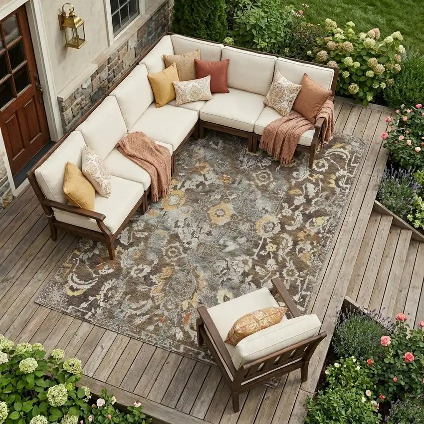Brown And Coffee Floral Washable Indoor Outdoor Area Rug Photo 1
