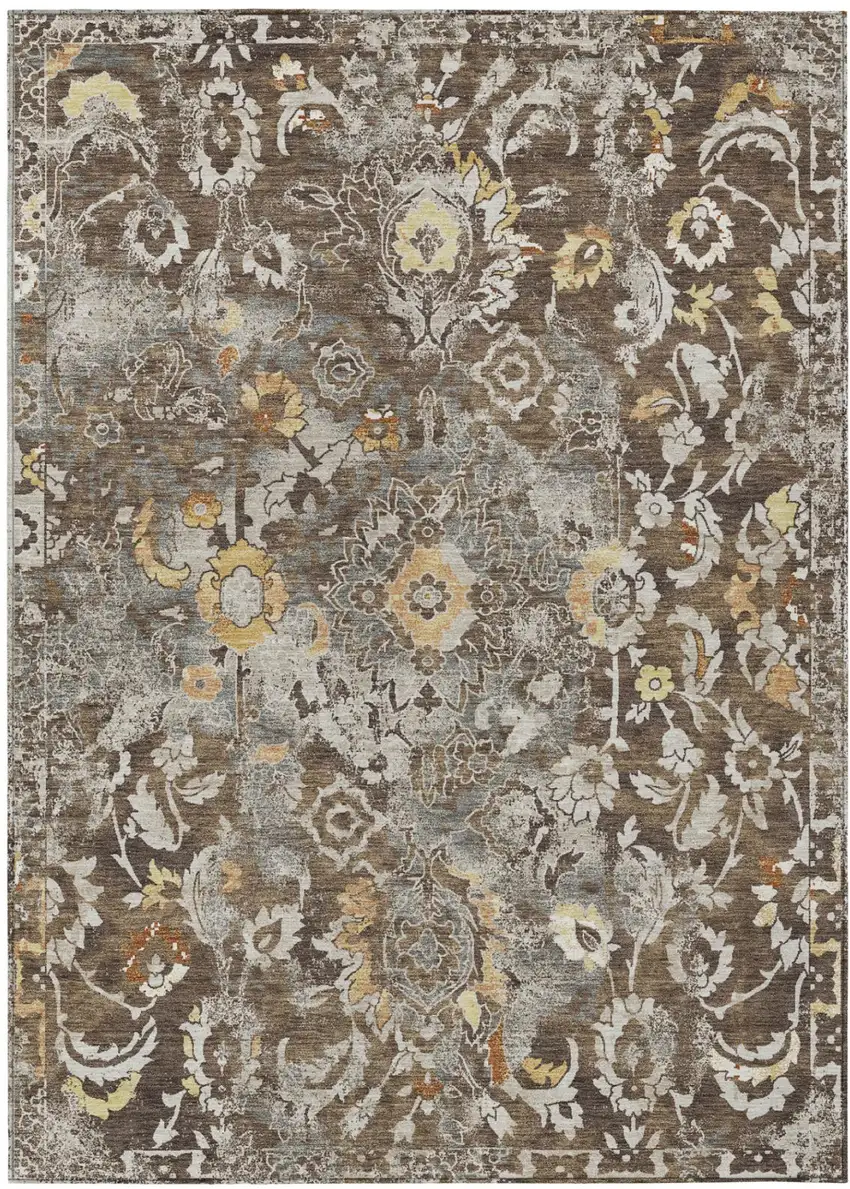 Brown And Coffee Floral Washable Indoor Outdoor Area Rug Photo 2