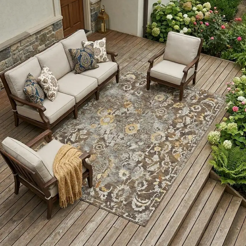 Brown And Coffee Floral Washable Indoor Outdoor Area Rug Photo 1