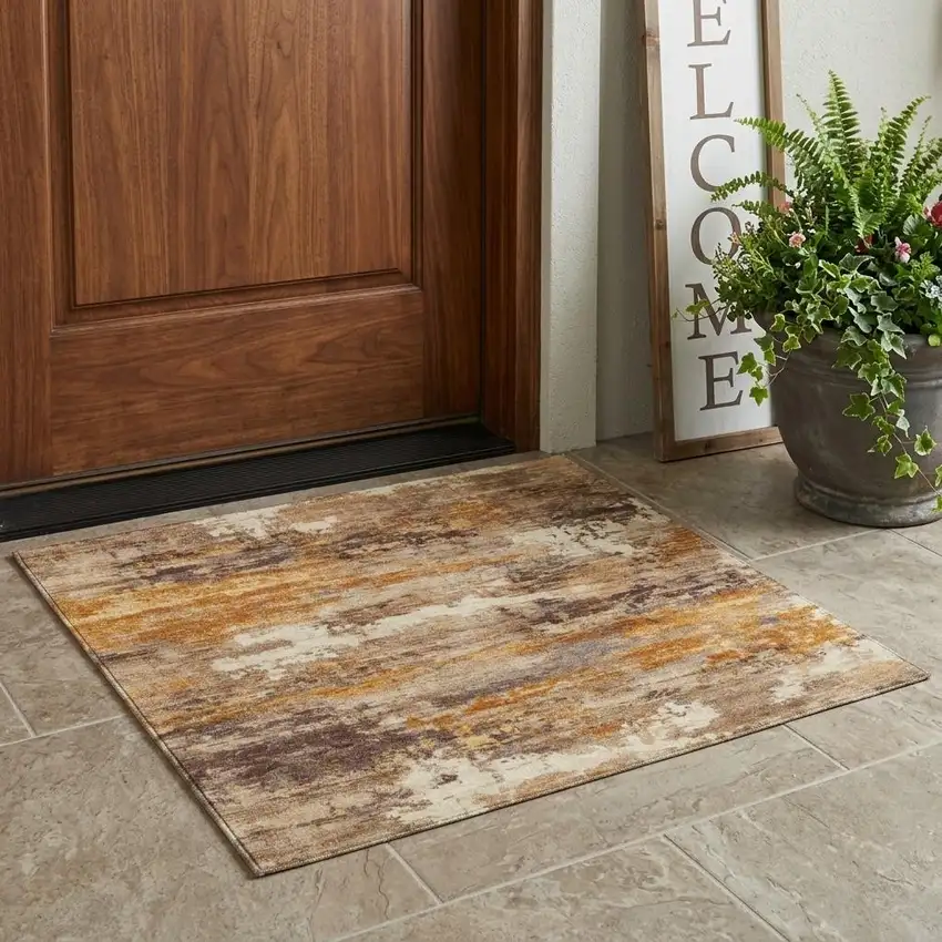 Brown And Copper Abstract Washable Indoor Outdoor Area Rug Photo 1