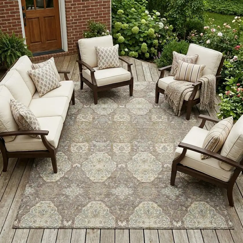 Brown And Copper Floral Washable Indoor Outdoor Area Rug Photo 1