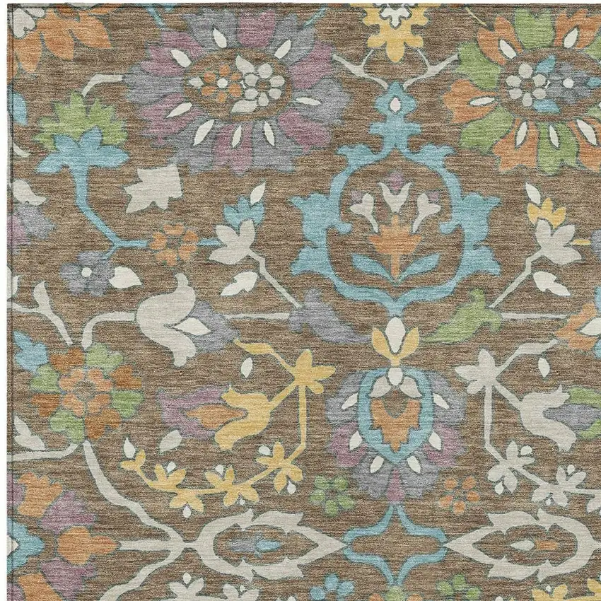 Brown And Copper Floral Washable Indoor Outdoor Area Rug Photo 2