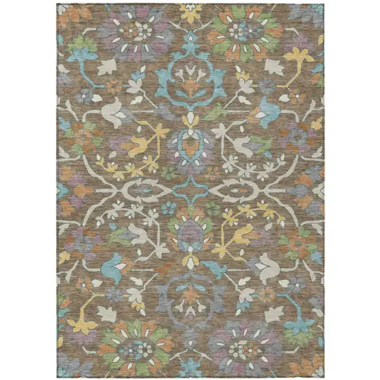 Brown And Copper Floral Washable Indoor Outdoor Area Rug Photo 1