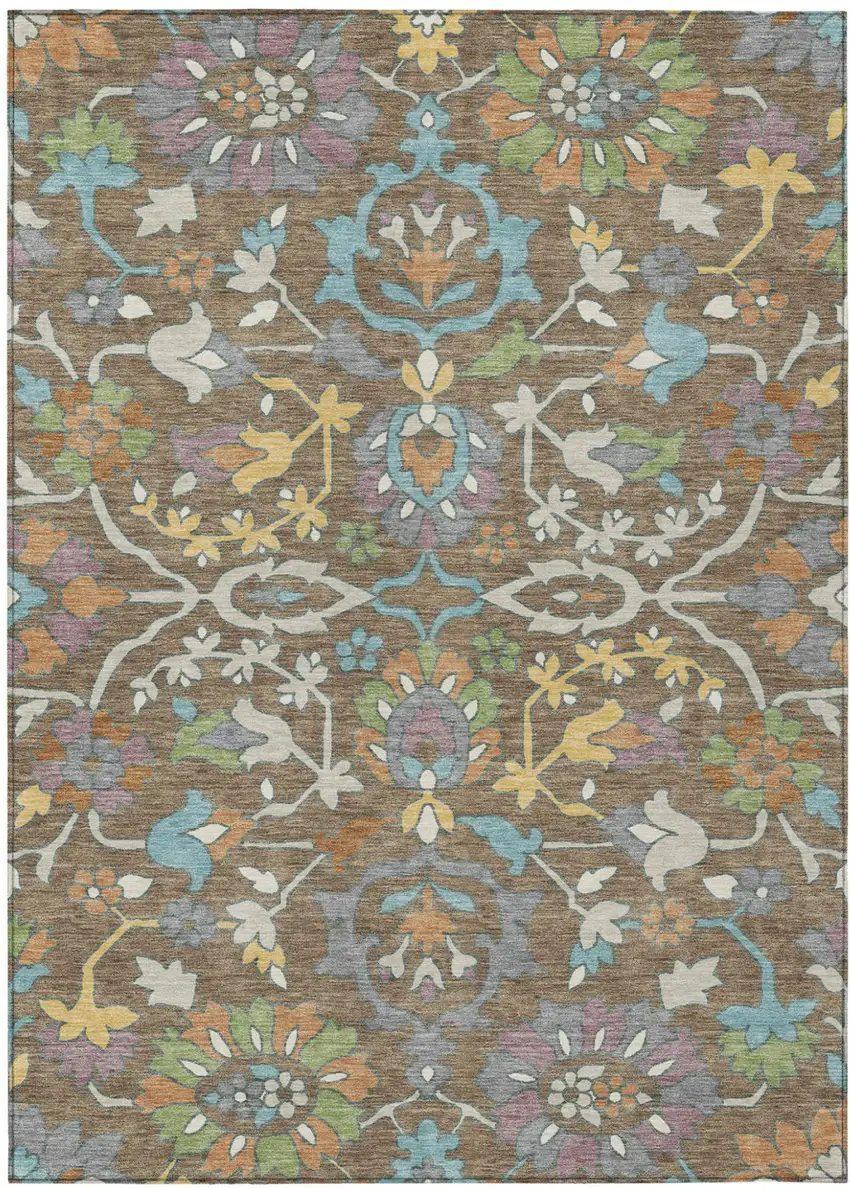 Brown And Copper Floral Washable Indoor Outdoor Area Rug Photo 1