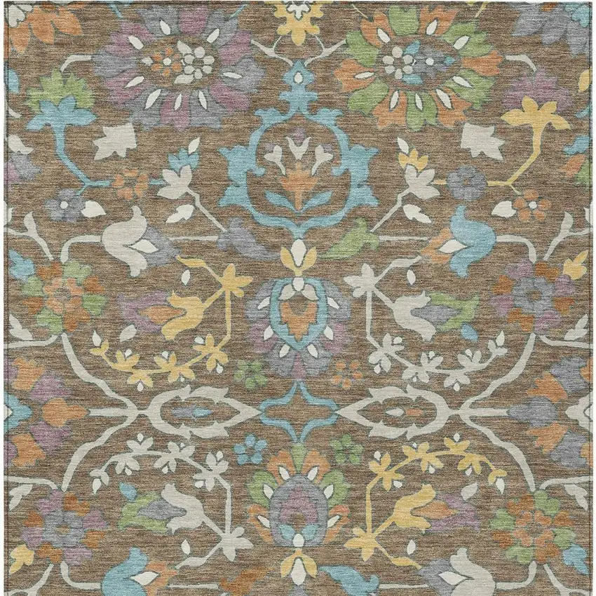 Brown And Copper Floral Washable Indoor Outdoor Area Rug Photo 3