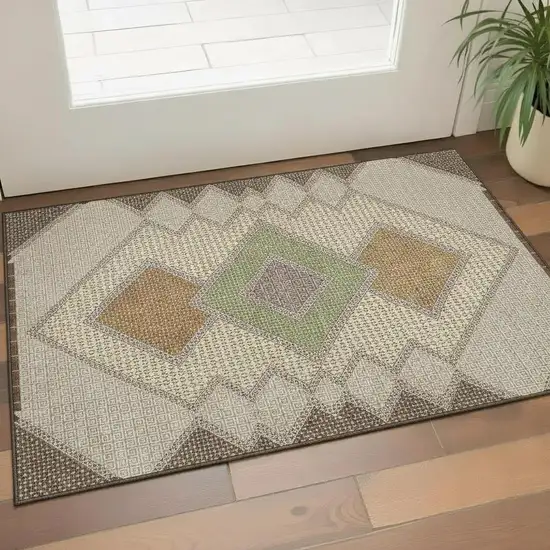 Brown And Copper Geometric Washable Area Rug With UV Protection Photo 2