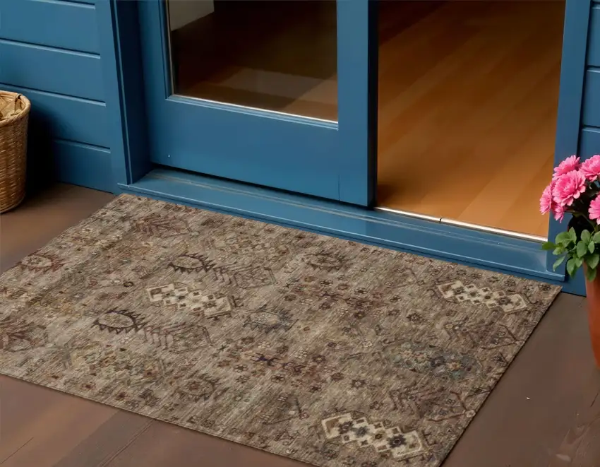 Brown And Copper Tribal Washable Indoor Outdoor Area Rug Photo 2