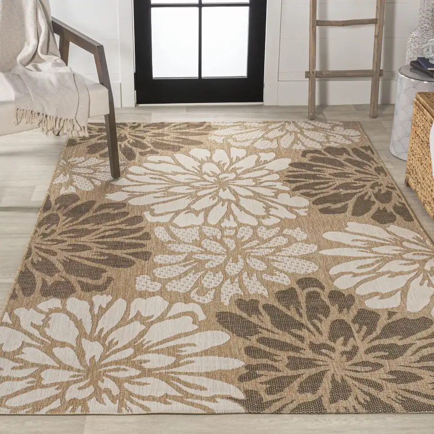 Brown And Cream Floral Indoor Outdoor Area Rug Photo 7