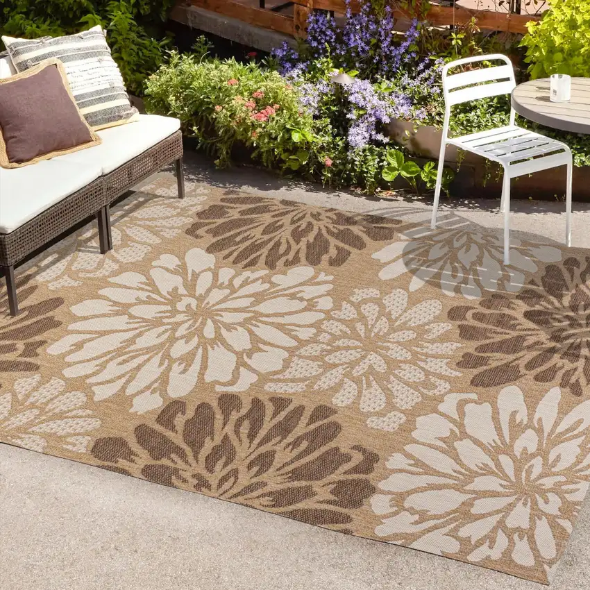 Brown And Cream Floral Indoor Outdoor Area Rug Photo 9