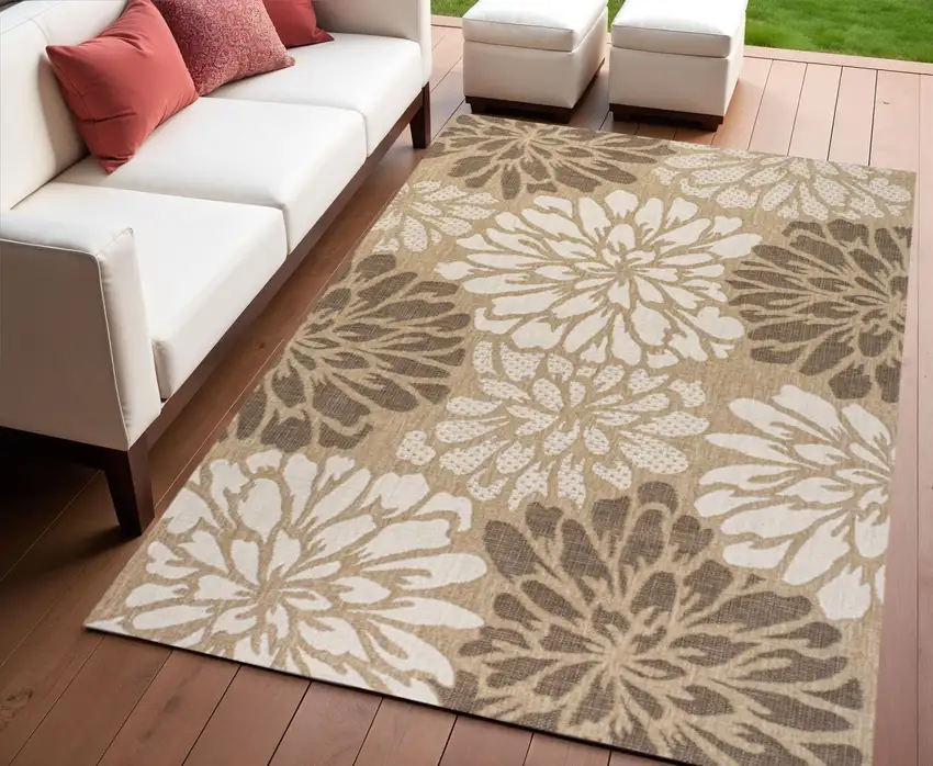 Brown And Cream Floral Indoor Outdoor Area Rug Photo 1