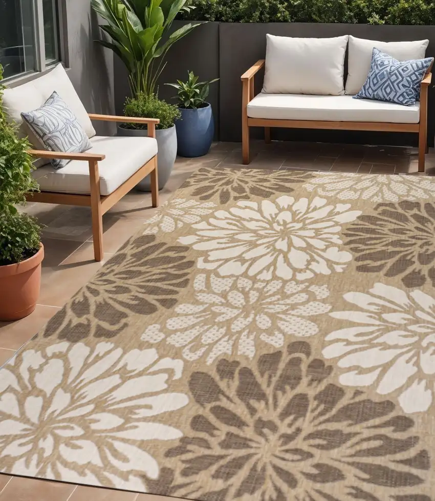 Brown And Cream Floral Indoor Outdoor Area Rug Photo 1