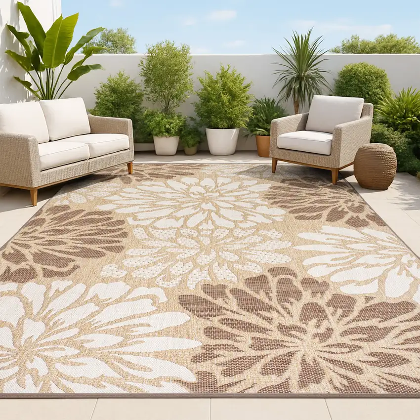 Brown And Cream Floral Indoor Outdoor Area Rug Photo 4