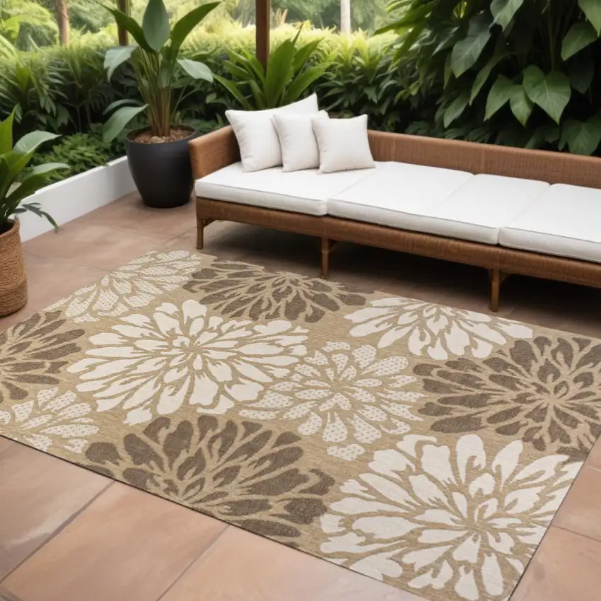 Brown And Cream Floral Indoor Outdoor Area Rug Photo 1