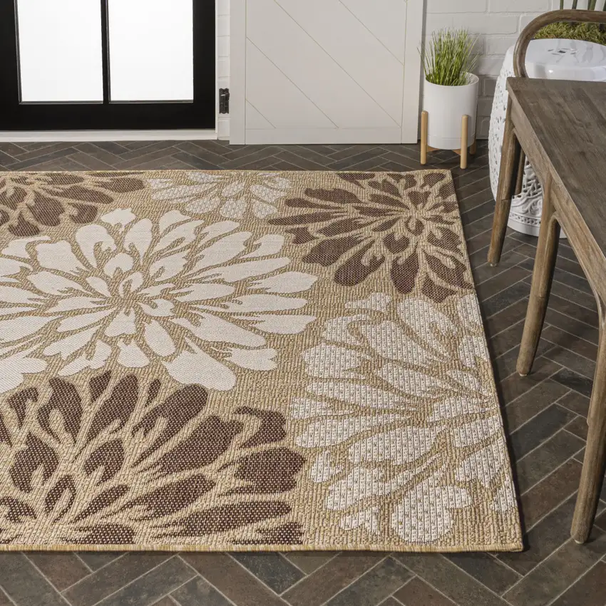Brown And Cream Floral Indoor Outdoor Area Rug Photo 9
