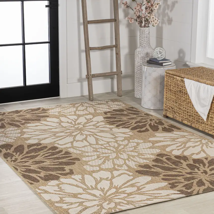 Brown And Cream Floral Indoor Outdoor Area Rug Photo 8