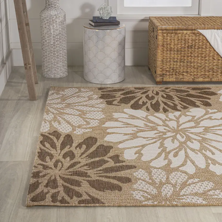 Brown And Cream Floral Indoor Outdoor Area Rug Photo 6