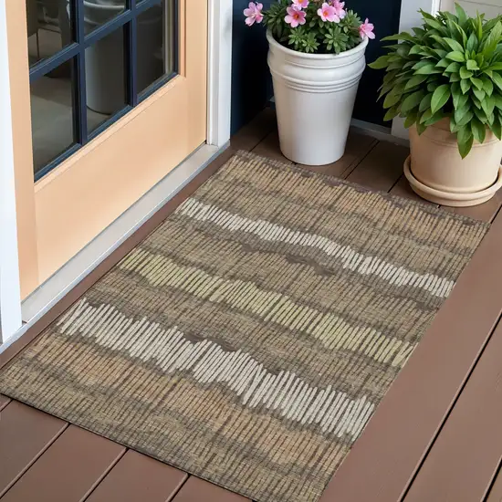Brown And Dark Green Striped Washable Indoor Outdoor Area Rug Photo 1