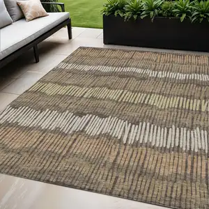 Photo of Brown And Dark Green Striped Washable Indoor Outdoor Area Rug