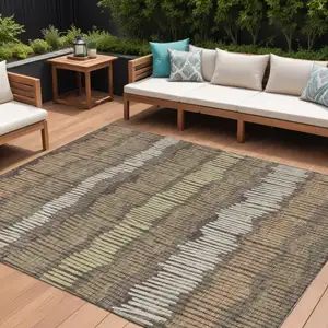 Photo of Brown And Dark Green Striped Washable Indoor Outdoor Area Rug