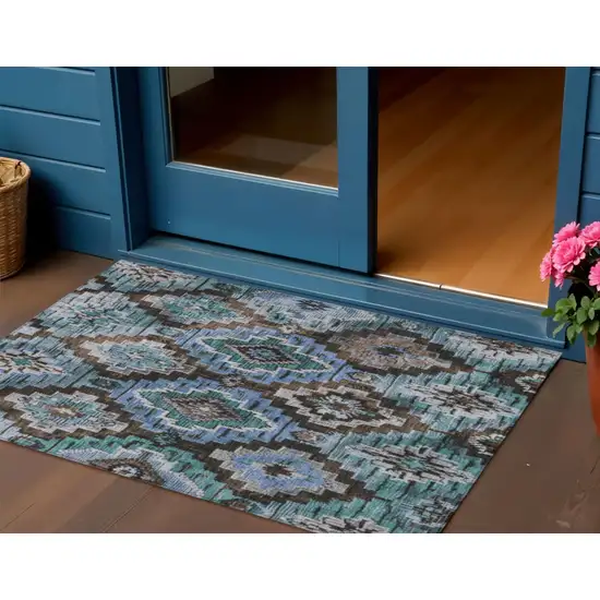 Brown And Denim Blue Aztec Washable Indoor Outdoor Area Rug Photo 2