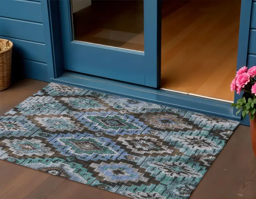 Brown And Denim Blue Aztec Washable Indoor Outdoor Area Rug Photo 2