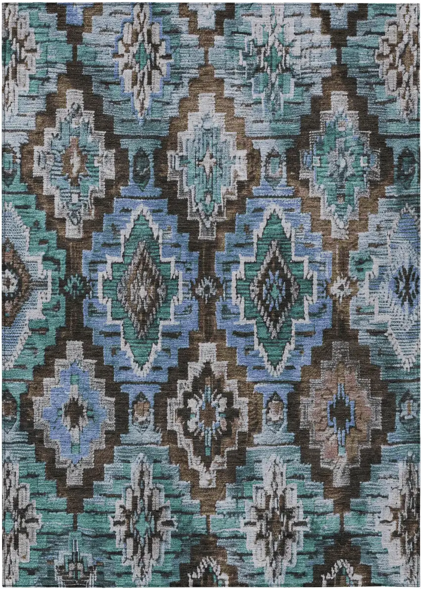 Brown And Denim Blue Aztec Washable Indoor Outdoor Area Rug Photo 1