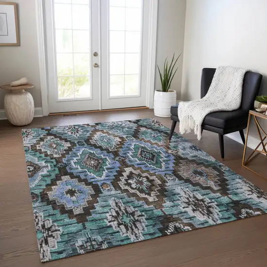Brown And Denim Blue Aztec Washable Indoor Outdoor Area Rug Photo 6