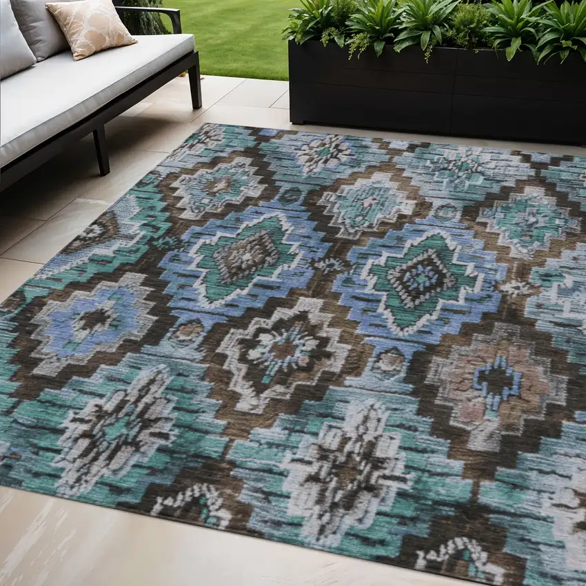 Brown And Denim Blue Aztec Washable Indoor Outdoor Area Rug Photo 2