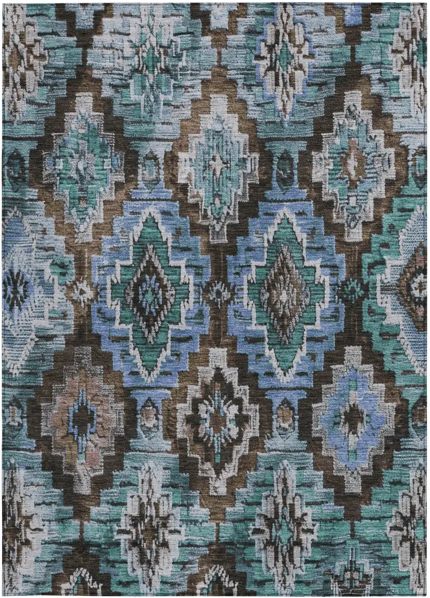Brown And Denim Blue Aztec Washable Indoor Outdoor Area Rug Photo 3