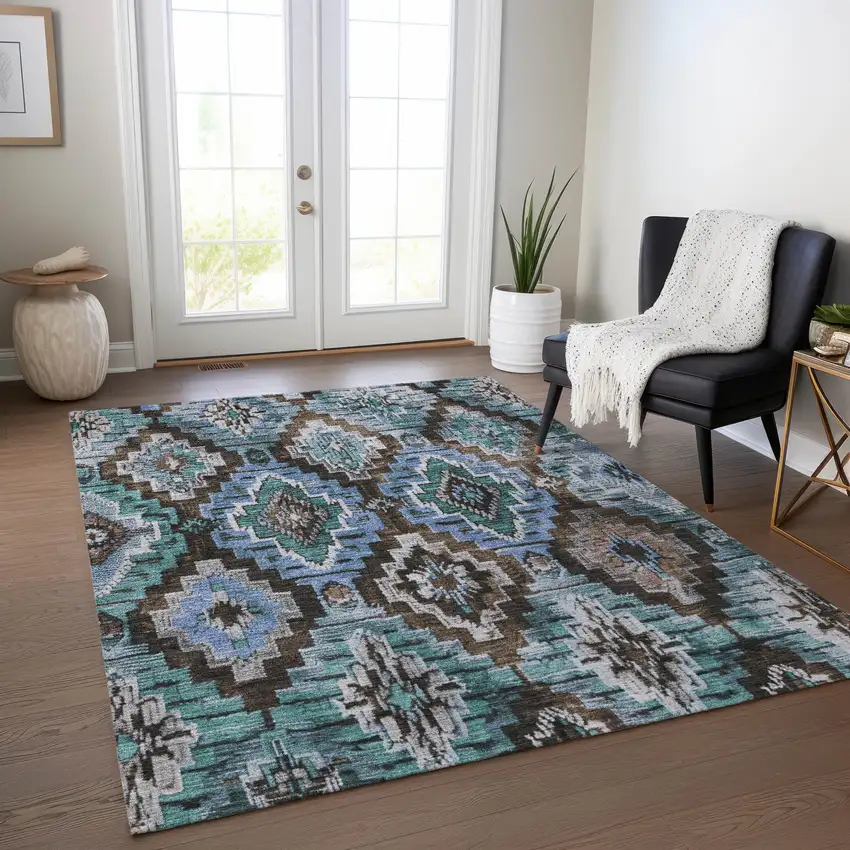 Brown And Denim Blue Aztec Washable Indoor Outdoor Area Rug Photo 6