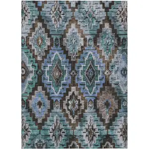 Photo of Brown And Denim Blue Aztec Washable Indoor Outdoor Area Rug