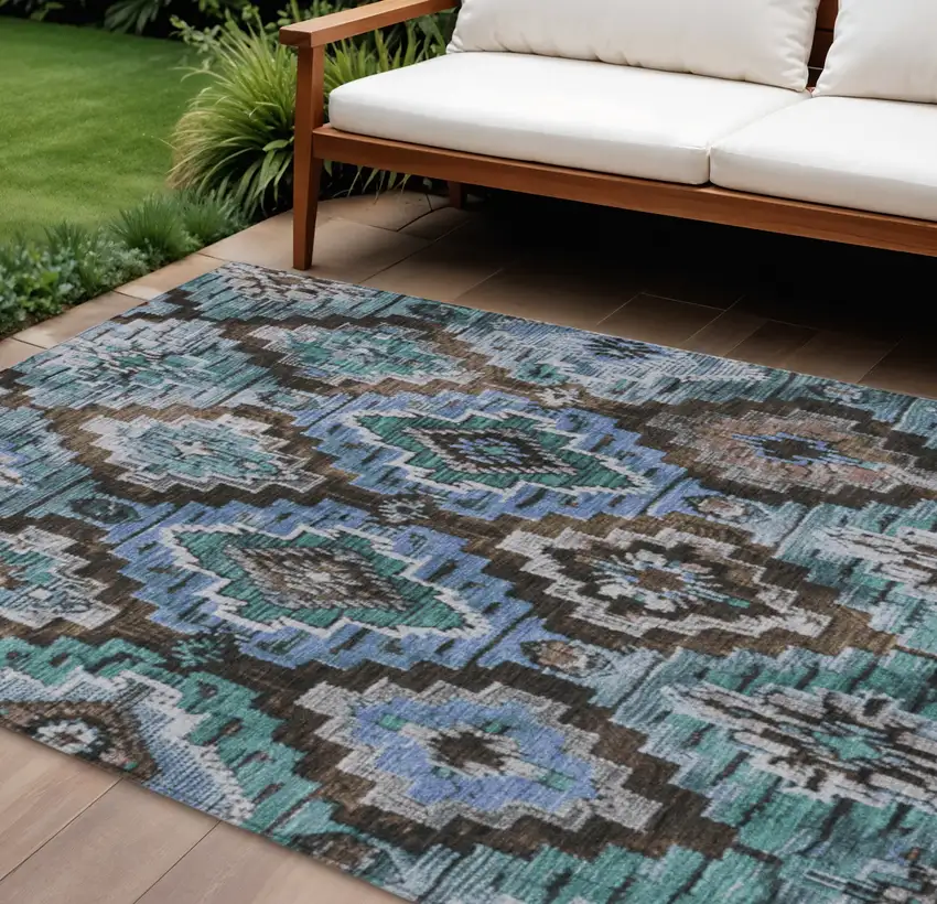 Brown And Denim Blue Aztec Washable Indoor Outdoor Area Rug Photo 2